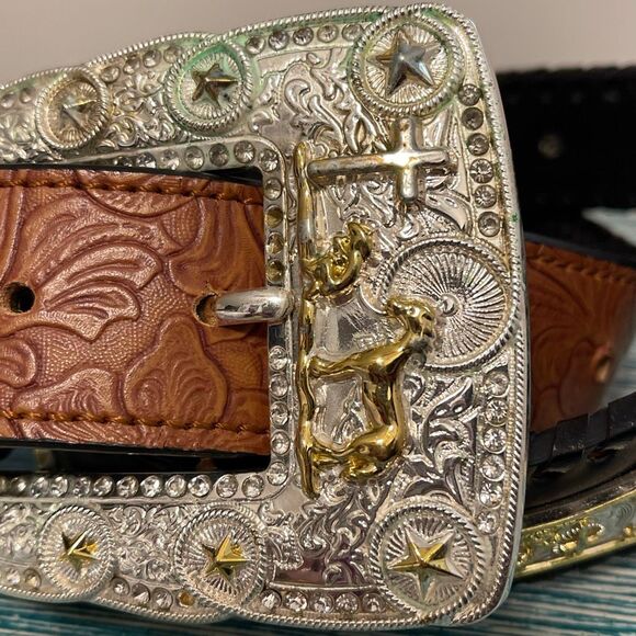 Praying Cowboy Vintage 2-Toned Hand-tooled Large Buckle Men’s Western/Cowboy Bel - Picture 2 of 16